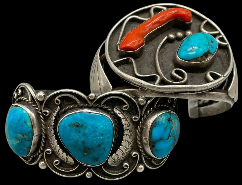 Two Vintage Sterling Silver Bracelets - One With Turquoise And One With Coral And Turquoise (1 of 13)