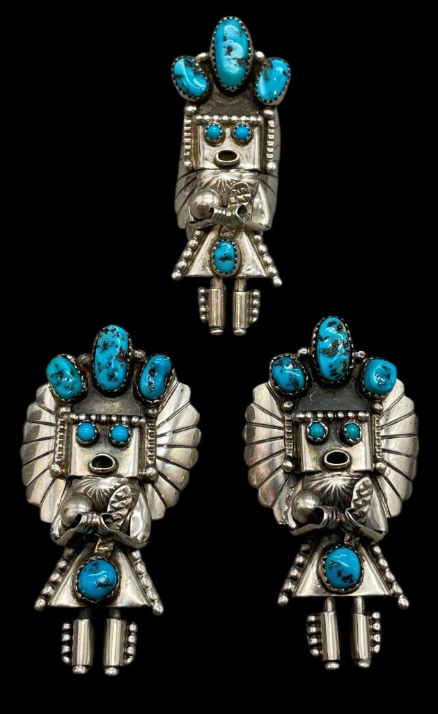 Sterling Silver And Turquoise Kachina Themed Ring And Earrings: Presented here for your consideration is a sterling silver and turquoise Kachina themed ring with matching earrings. Each piece features turquoise cabochons set in sawtooth silver bezels. Accenting