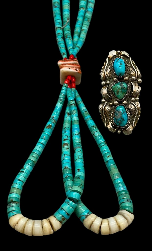 Turquoise And Shell Vintage Jocla Necklace With Sterling Silver And Turquoise Ring: Offered here for your consideration is a vintage Jocla necklace with a sterling silver and turquoise ring. The necklace showcases two strands of turquoise and white shell disc beads arranged in a
