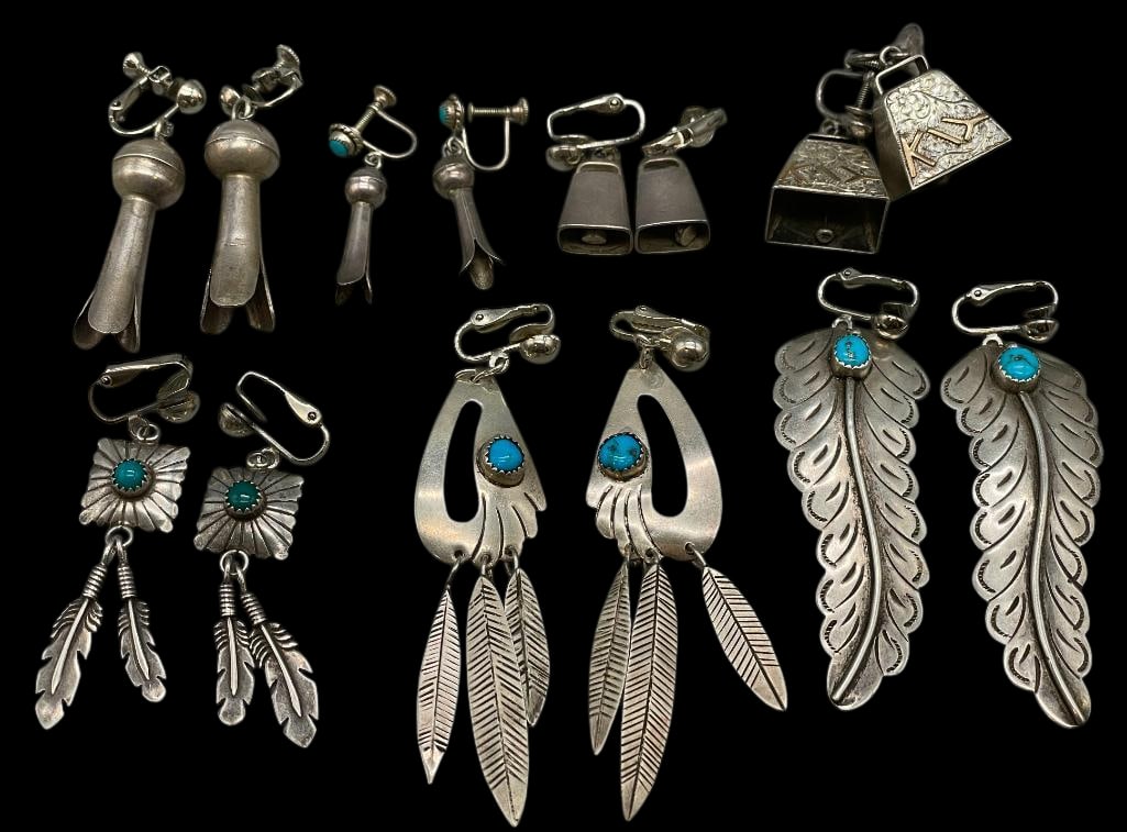 Seven Pair Of Clip On Sterling Silver Earrings (Easily Converted To Post Or Hooks): Offered here for your consideration is a group of seven pairs of clip on sterling silver earrings (easily converted to post or hooks). These earrings feature a variety of dangle designs including