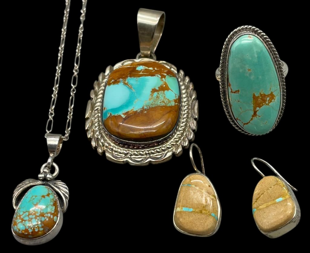 Group of Sterling Silver And Turquoise Pendants, Earrings And Ring (1 of 12)