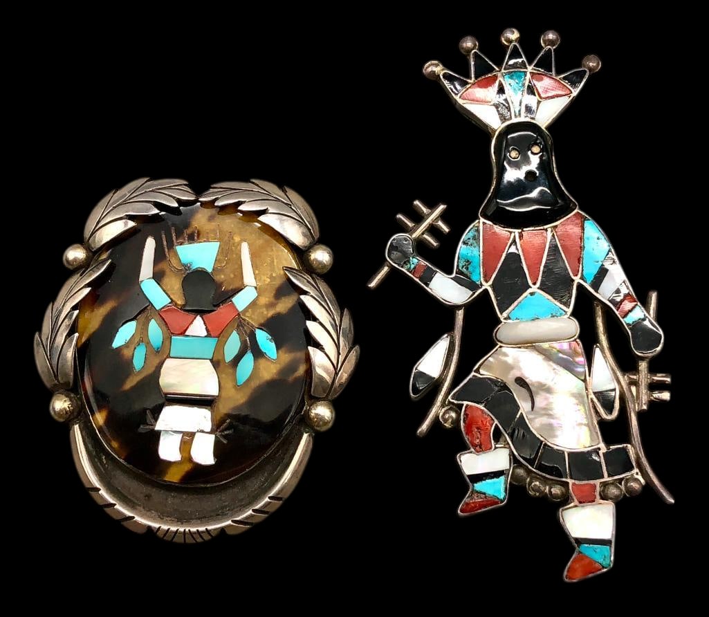 Two Vintage Gaun Dancer Inlay Pins Zuni: Offered here for your consideration is a group of two vintage Zuni inlay pins. This group features Gaun Dancer designs created with a multi stone channel inlay and mosaic inlay. The stones include