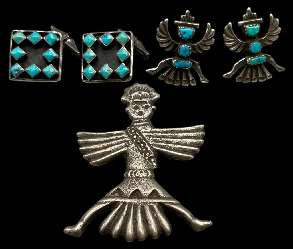 Vintage Dishta And Knifewing Cuff Links And Sterling Silver Pin: Presented here for your consideration is a group of vintage sterling silver cuff links and a sterling silver pin. One pair of cuff links features a Dishta turquoise inlay set against square, darkened