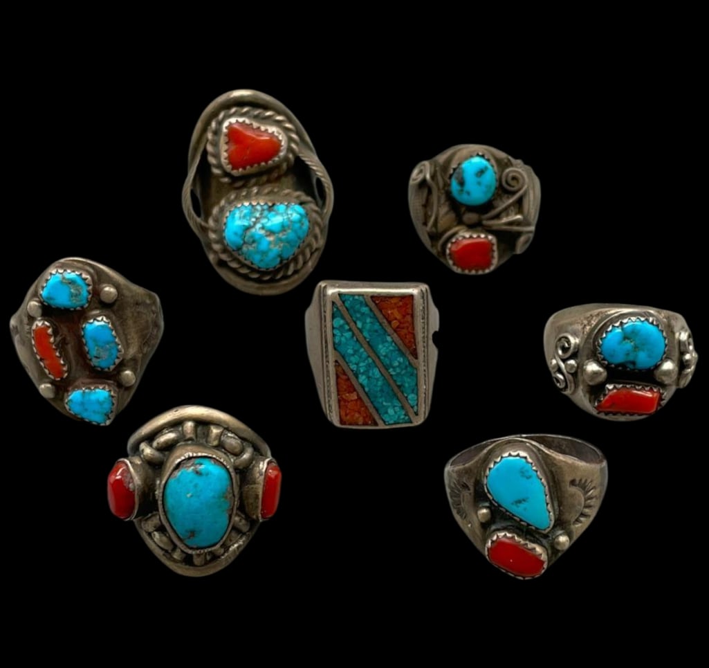Seven Vintage Sterling Silver, Turquoise And Coral Rings: Available here for your consideration are seven vintage sterling silver rings featuring turquoise and coral. Six of the rings feature turquoise and coral cabochons set in silver bezels, while the