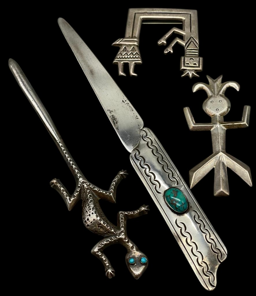 Sterling Silver And Turquoise Letter Openers And Two Sterling Silver Pins Yei Themed: Offered here for your consideration is a group of sterling silver letter openers and two sterling silver pins. One letter opener features a classic smooth design, while the other showcases a lizard mo