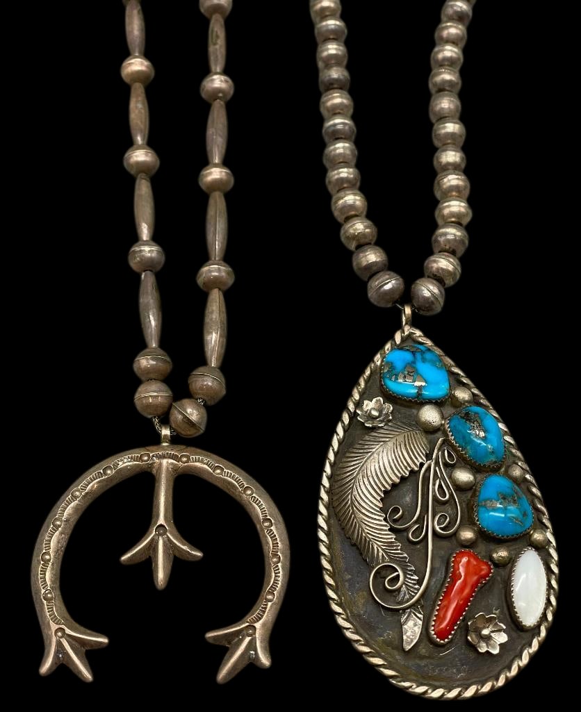 Two Sterling Silver Necklaces - One Naja And One Turquoise, Coral And Mother of Pearl: Available here for your consideration are two sterling silver necklaces. One necklace features a cast naja pendant accented with hand stamped designs, suspended from a strand of graduated and round st