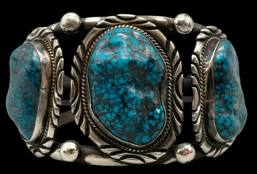Sterling Silver And Webbed Turquoise Bracelet (1 of 9)