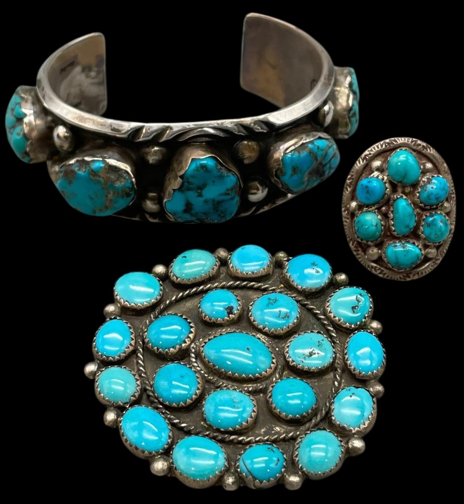 Sterling Silver And Turquoise Bracelet, Turquoise Cluster Pin And Turquoise Ring (1 of 12)