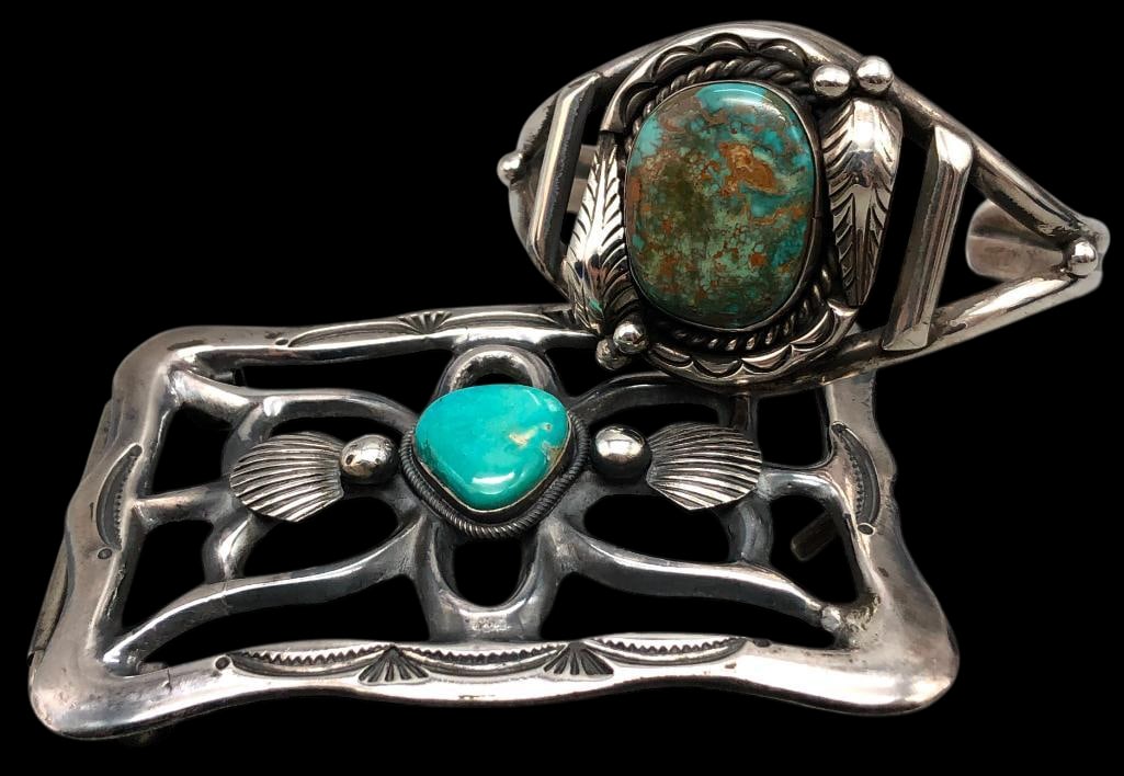 Sterling Silver And Turquoise Belt Buckle With Bracelet (1 of 11)
