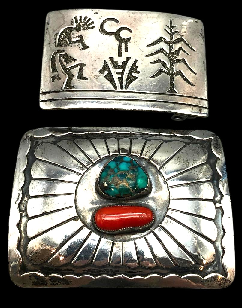 Two Sterling Silver Buckles - One Overlay And One With Turquoise And Coral Settings (1 of 10)