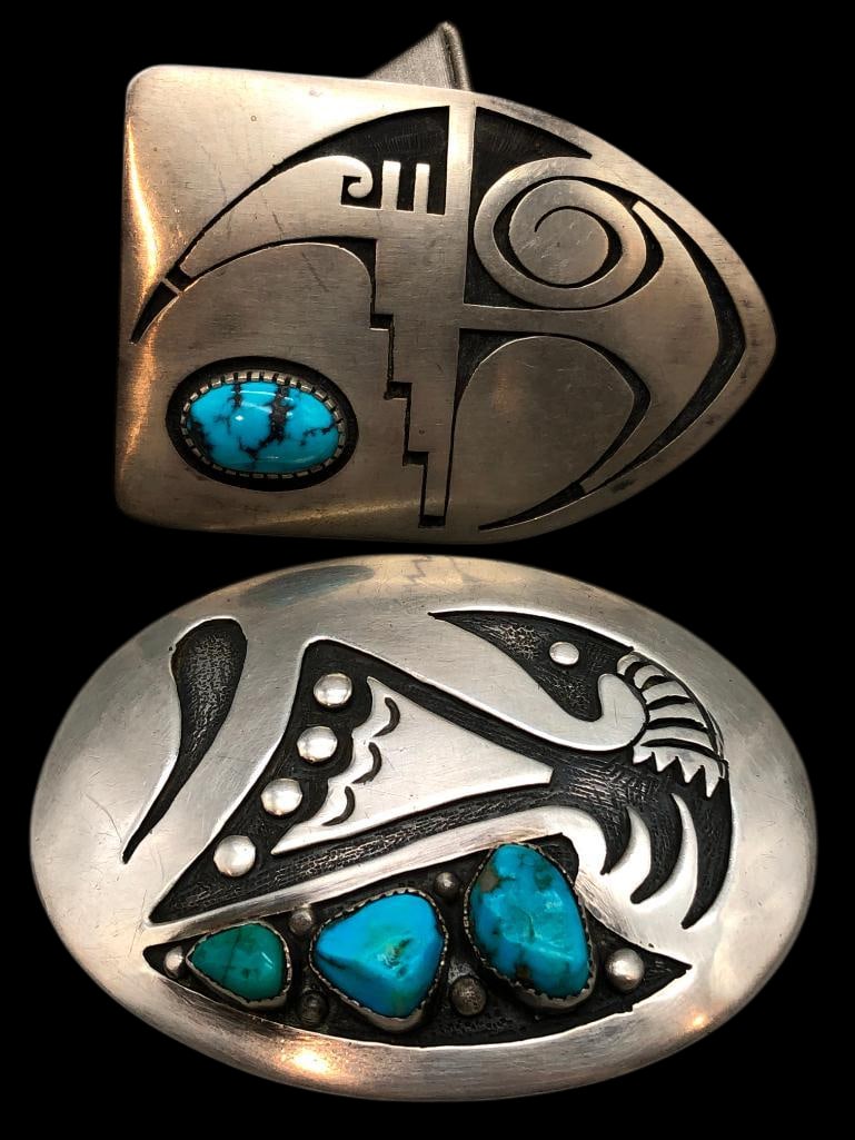 Two Great Hopi Overlay Buckles With Turquoise By Allen Pooyouma and Robert Lomadapki (1 of 11)