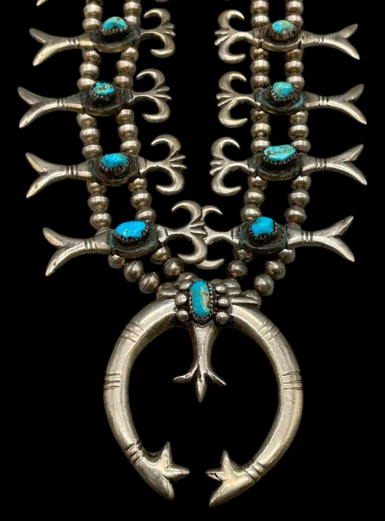 Turquoise And Sterling Silver Cast Squash Blossom Necklace (1 of 16)