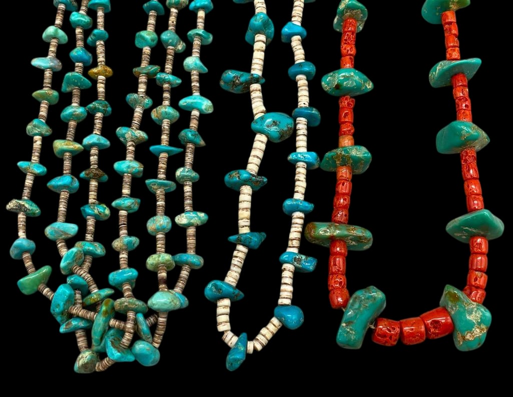 Three Necklaces With Coral, Turquoise And Heishi: Offered here for your consideration is a group of three necklaces with coral, turquoise and Heishi. One necklace features three strands of turquoise nuggets accented with shell Heishi beads. Another