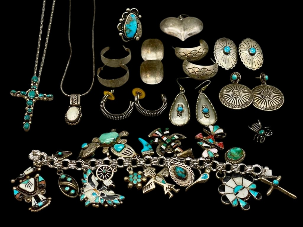 Group Of Sterling Silver Items - Pendants, Earrings, Treasure Bracelet, Etc.: Offered here for your consideration is a group of sterling silver items, including pendants, earrings, a treasure bracelet and more. This collection includes three pendants in different designs, a