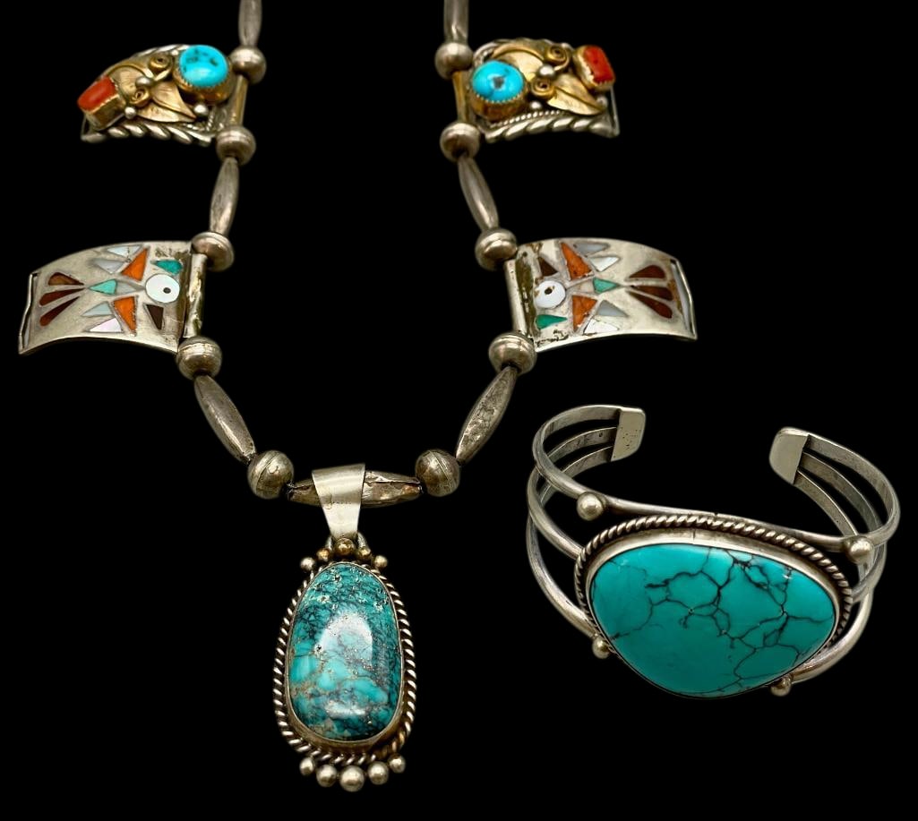 Sterling Silver And Turquoise Bracelet With A Unique Watch Tip And Turquoise Pendant Necklace (1 of 20)