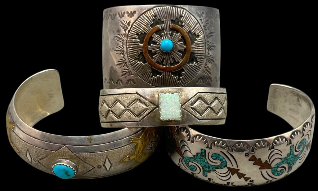 Four Sterling Silver Cuff Bracelets With Various Settings (1 of 15)