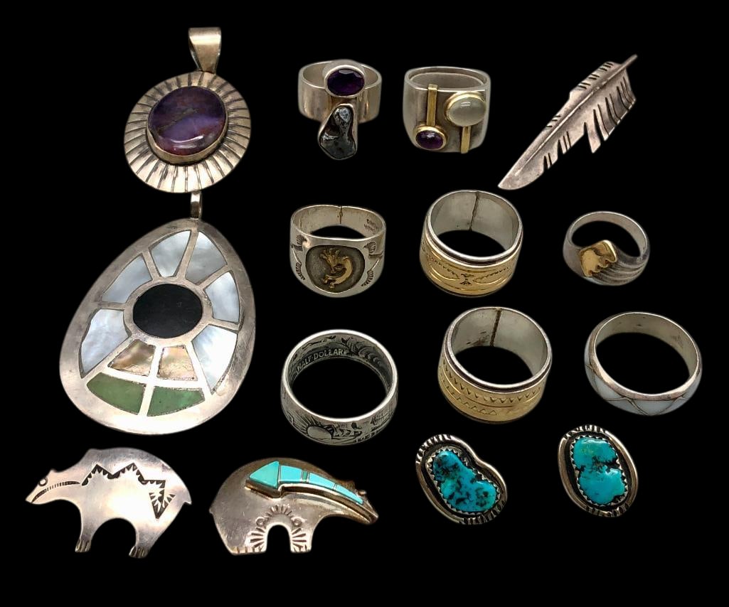 Group Of Sterling Silver Items - Eight Rings, Five Pins/Pendants And Earrings (1 of 16)