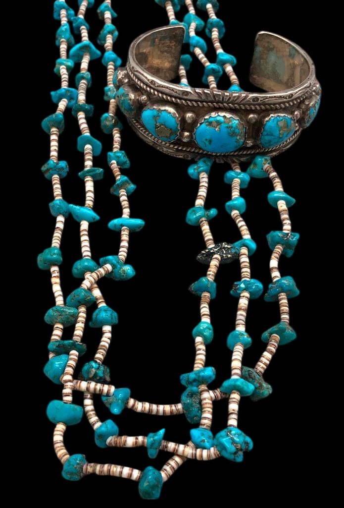 Vintage Sterling Silver And Turquoise Bracelet With Three Strand Turquoise And Heishi Necklace (1 of 15)