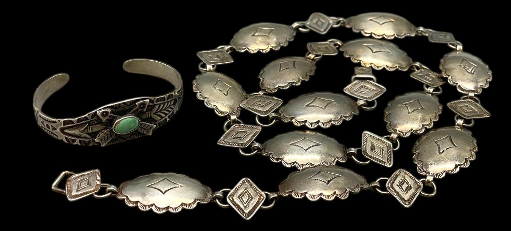 Fred Harvey Era Bracelet and Link Concho Belt - All Sterling Silver: For your bidding enjoyment we present a Fred Harvey era bracelet and link concho belt- all sterling silver. The bracelet features a turquoise cabochon set in a smooth silver bezel accented with arrow