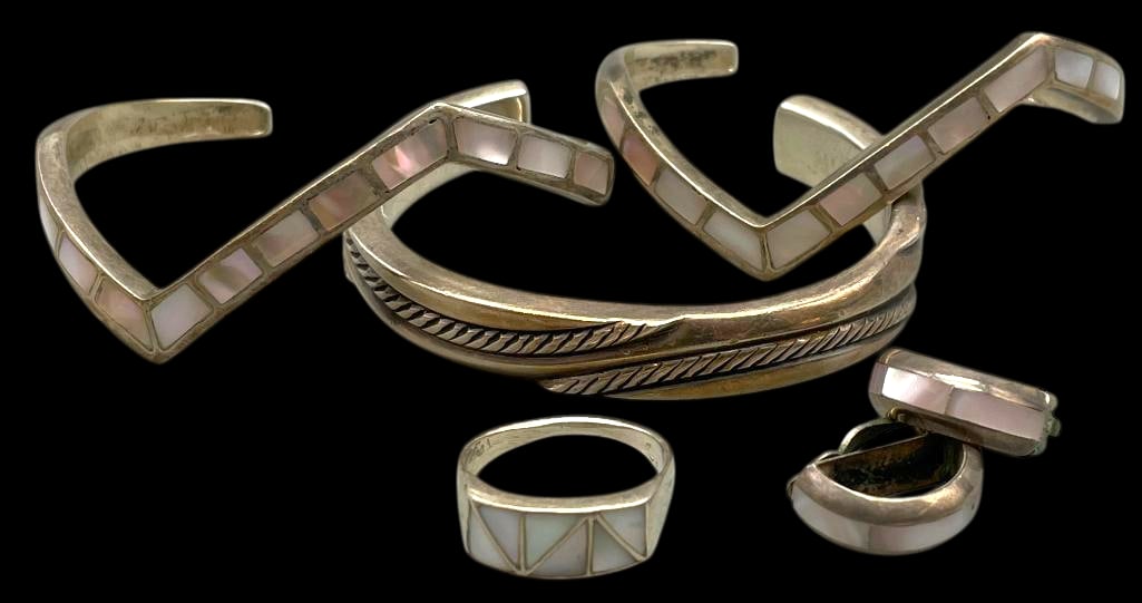 Group Of Sterling Silver Bracelets, Earrings And Ring: Offered here for your consideration is a group of sterling silver bracelets, earrings and ring. Most of the pieces feature a mother of pearl inlay while one bracelet is highlighted with twisted wire.