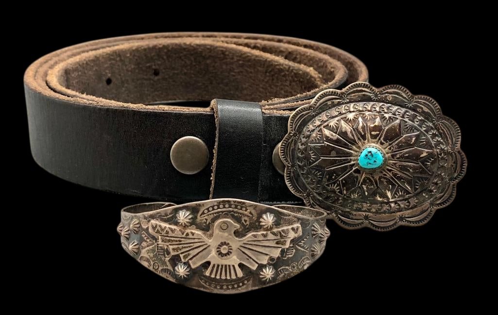 Fred Harvey Era Buckle On Belt And Thunderbird Theme Bracelet (1 of 17)