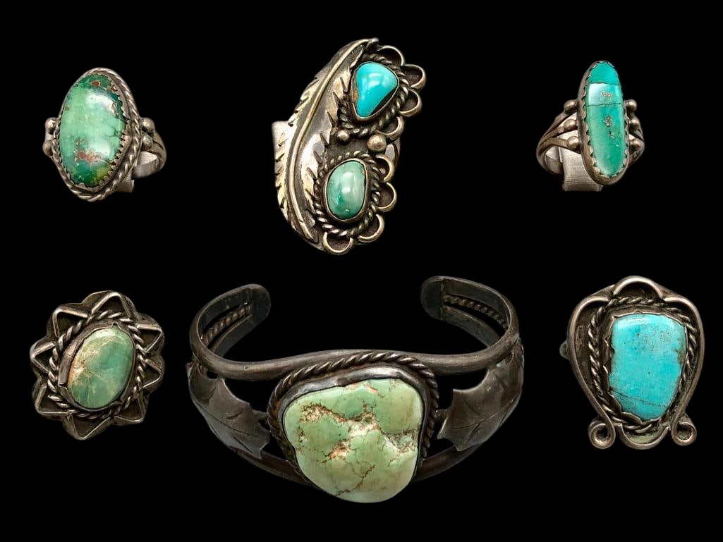 Group Of Sterling Silver And Turquoise Jewelry - Five Rings And One Bracelet (1 of 12)