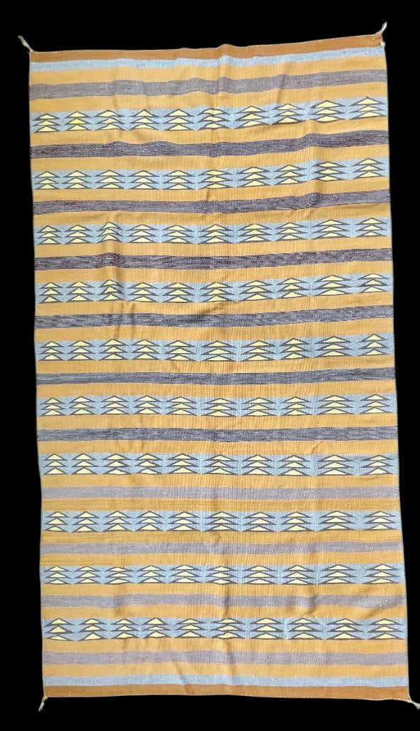 Large Vintage Wide Ruins Navajo Rug Circa 1970s: Offered here for your consideration is a large vintage wide ruins Navajo rug circa 1970s. This rug features banded rows with repeating geometric designs with curvy lines on the grey bands. The colors