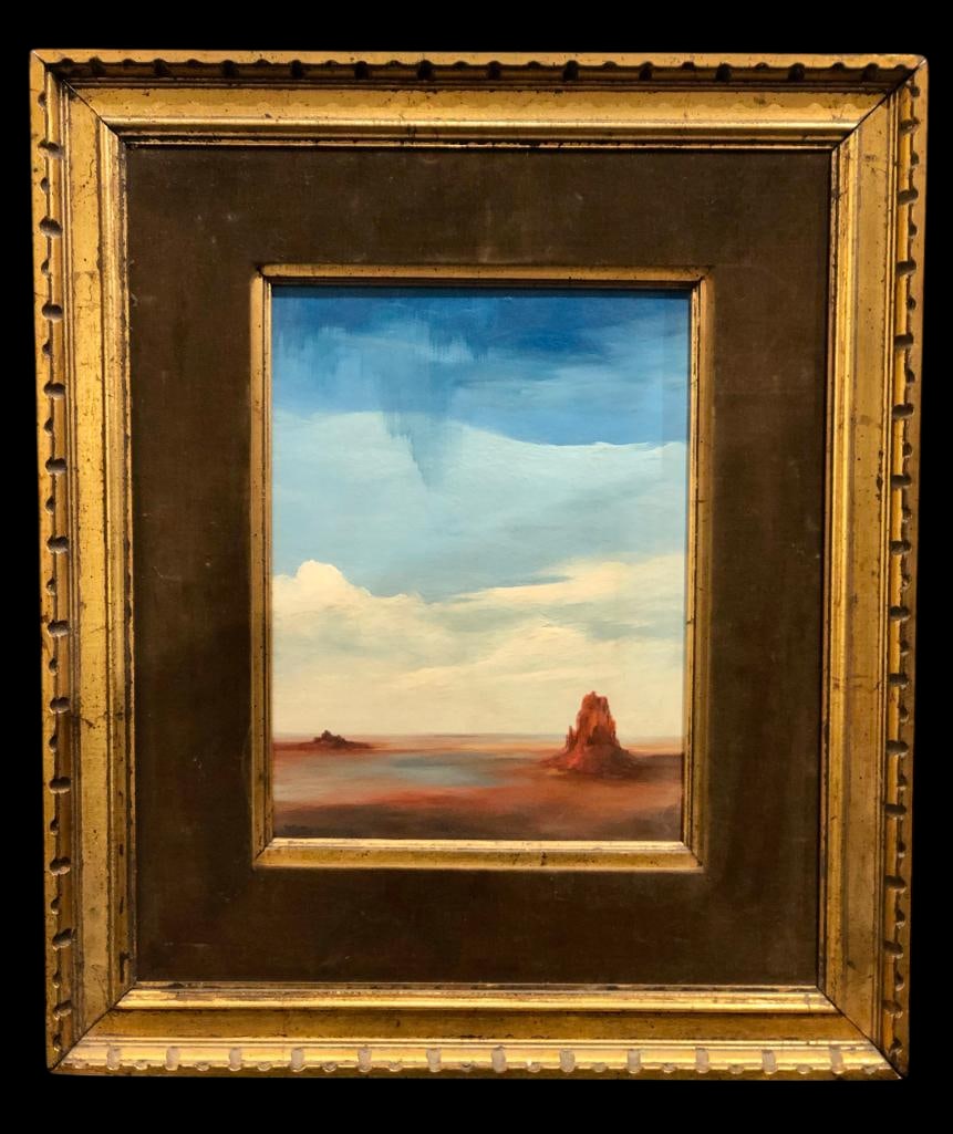 Monument Valley Themed Oil Painting By Richard Maitland: Offered here for your consideration is a Monument Valley themed oil painting by Richard Maitland. This painting depicts a scene of Monument Valley with a sky done in hues of light blue to dark blue. T