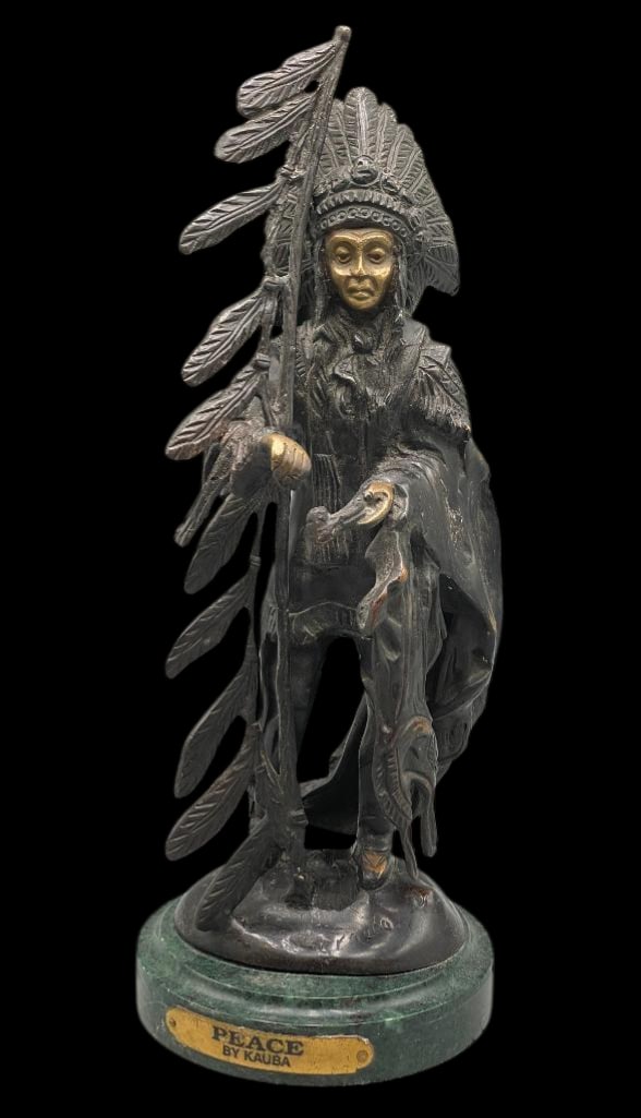 "Peace" An After Carl Kauba Bronze Statue: Offered here for your consideration is "Peace" an after Carl Kauba bronze statue. This piece depicts a Native American Chief figure in full dress regalia standing beside a tall feathered