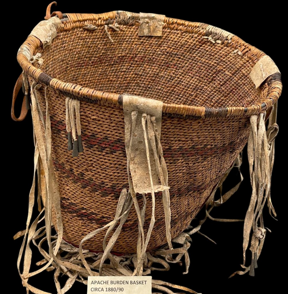 Antique Polychrome Apache Burden Basket: Offered here for your consideration is an antique polychrome Apache burden basket. Burden baskets, usually made with willow or cottonwood, were used to carry food like berries, firewood and personal