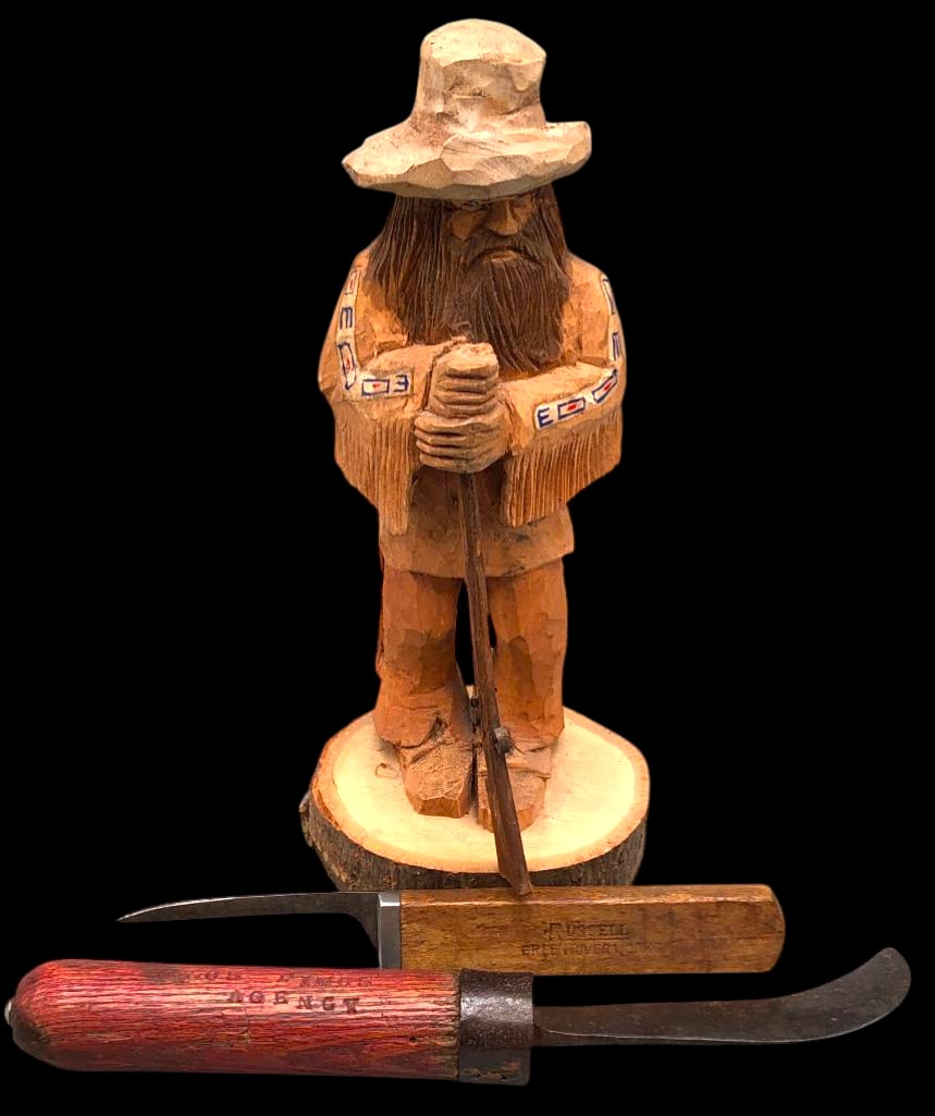 Two Antique 'Agency' Trade Knives And A Mountain Wood Carving By Keith Morrill: Offered here for your consideration are two antique 'Agency' trade knives and a mountain man wood carving by Keith Morrill. The knives showcase different styles and designs with one carved