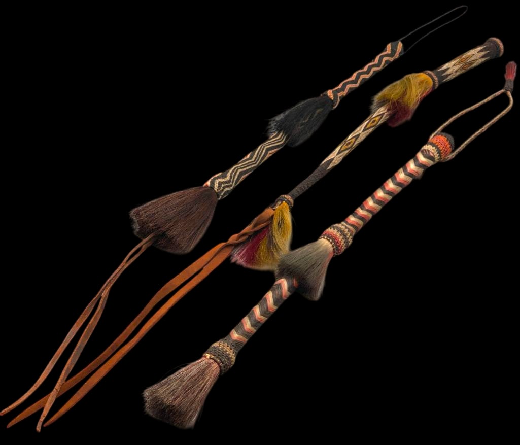 Group Of Three Prison Horsehair Quirts: Offered here for your consideration is a group of three prison horsehair quirts. These pieces were crafted at a prison like Deer Lodge Prison or similar. Two of the quirts are made with hitched and