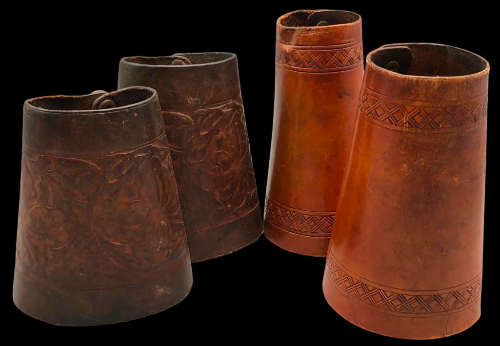Two Pairs Of Vintage Cowboy Wrist Cuffs: Offered here for your consideration are two pair of vintage cowboy wrist cuffs. These were often used to protect the wrists from brush. They were also popular With Wild West show performers. Both