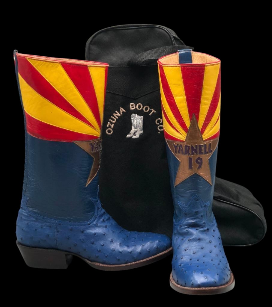 Custom Arizona Themed Granite Mountain Hot Shot Memorial Boots With Book: Up for your consideration is a pair of custom made boots by Ozuna, and they have an Arizona and Granite Mountain Hot Shot memorial theme. These boots also come with a related book. These boots were cu
