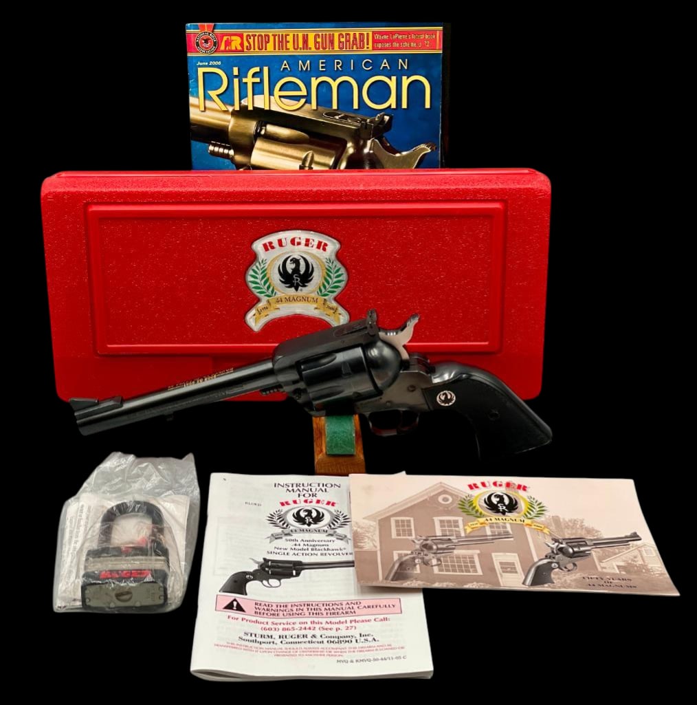 Ruger Super Blackhawk 50th Anniversary Edition .44 Magnum With Original Box: For your bidding pleasure is a Ruger Super Black Hawk 50th Anniversary Edition .44 Magnum with original box. This is a limited edition single action revolver that has the flattop styling from 1956