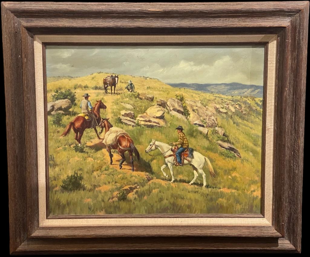 Original Oil On Canvas Painting By Barbara Vaupel 1974 "The Trackers": Offered here for your consideration is an original oil on canvas painting by Barbara Vaupel from 1974 titled, “The Trackers”. This painting depicts a Western scene of mounted riders on a