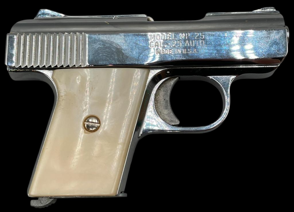 Raven Arms .25 Caliber Semi Automatic Model MP25: For your bidding pleasure is a Raven Arms .25 caliber semi automatic Model MP25. This pistol features a chrome finish slide and is frame fitted with mother of pearl grips. *NOTE: It can be accompanied