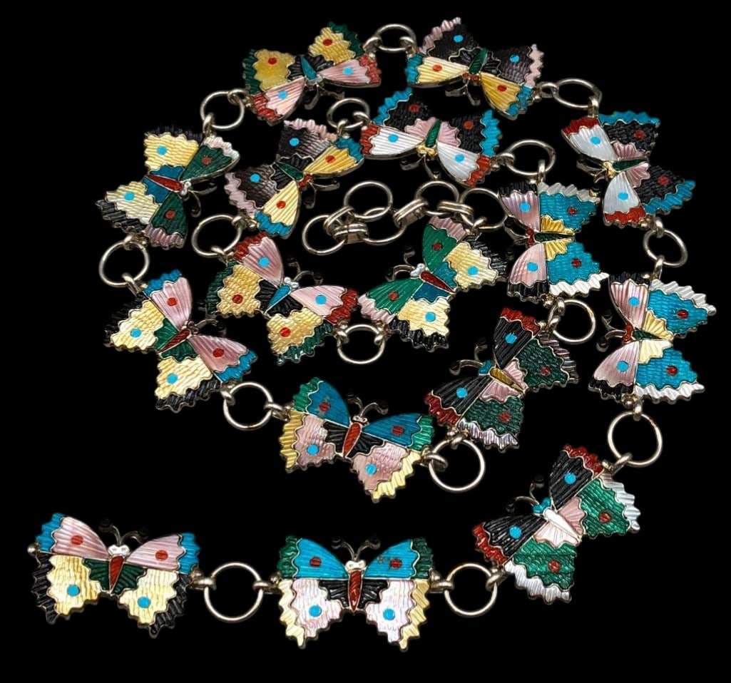 Contemporary Multi Stone Inlay Butterfly Link Belt By Tamara Pinto: For your bidding enjoyment we present a stunning Tamara Pinto hand carved multi stone butterfly link belt. This piece features 15 conchos and a buckle each with a great butterfly motif. They are highl