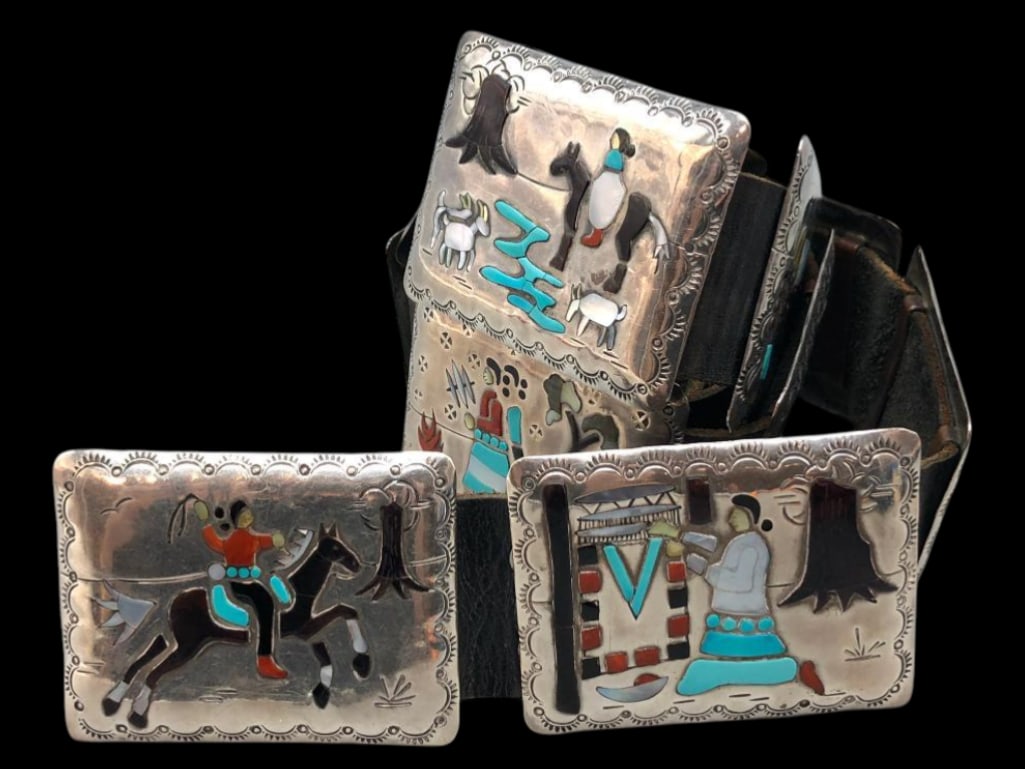 Sterling Silver And Multi Stone Inlay Story Teller Concho Belt By Casuse: Offered here for your consideration is a sterling silver and multi stone inlay storyteller concho belt by H. Casuse. This belt features nine rectangular conchos and a matching buckle. Each is highligh