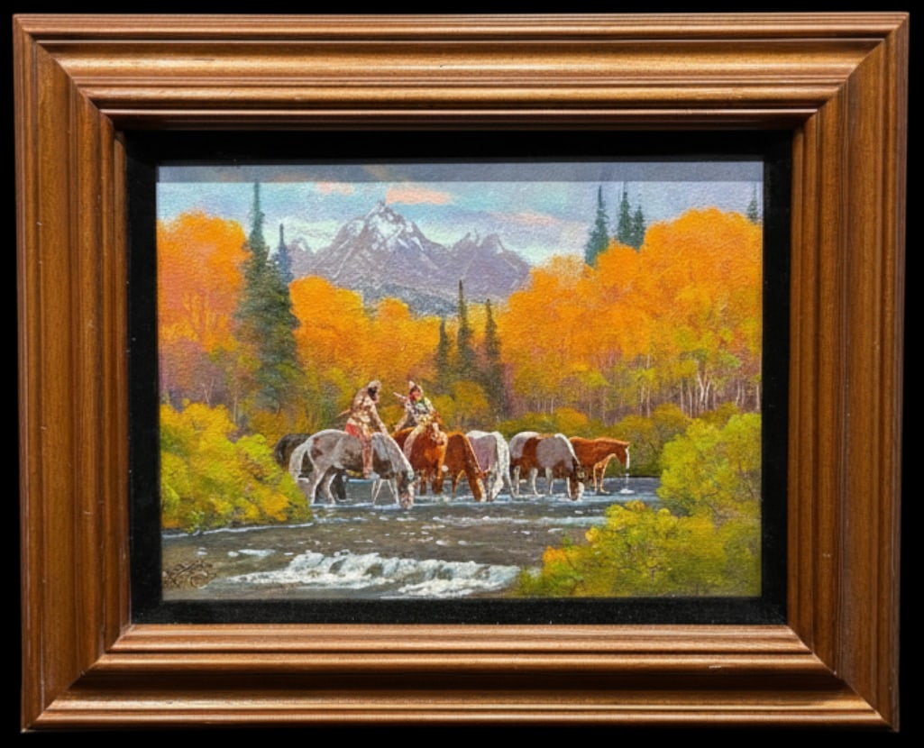 Watering The New Ponies Oil On Board By Ron Stewart: Offered here for your consideration is "Watering The New Ponies" an original oil on board by Ron Stewart. This painting portrays Native American riders dressed in traditional hide clothing on
