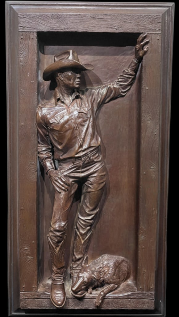 Line Camp Companion Bronze Wall Hanging By Pat Hamptonstall: Offered here for your consideration is "Line Camp Companion" a bronze wall hanging by Pat Hamptonstall. This bronze features a detailed cowboy standing and leaning in a doorway frame with comp