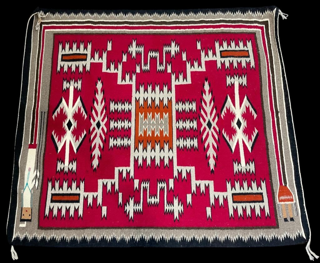 Storm Pattern With Rainbow Yei Border Navajo Rug: Available here for your consideration is a Storm Pattern with a Rainbow Yei border Navajo rug. This textile features a large, vivid storm-pattern design centered around a distinctive Rainbow Yei motif