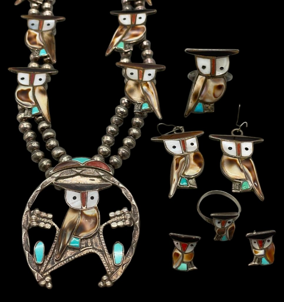 Zuni Multi Stone Inlay And Sterling Silver Squash Blossom Necklace, Earrings & Rings: Offered here for your consideration is a Zuni multi stone inlay and sterling silver squash blossom necklace, earrings & rings. The necklace features a naja highlighted with a channel inlay of an o