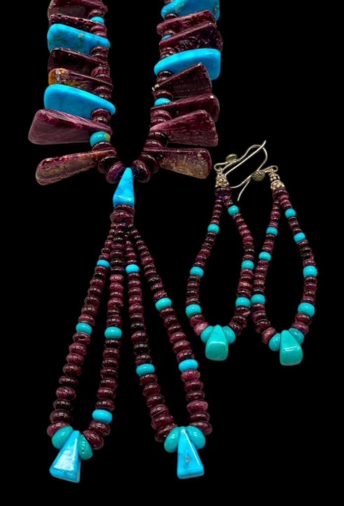 Benny Aldrich Purple Spiny Oyster & Turquoise Necklace With Jocla with Earrings: Offered here today is a Benny Aldrich purple spiny oyster & turquoise necklace with Jocla earrings. This necklace features one strand of round purple spiny oyster and turquoise beads accented with