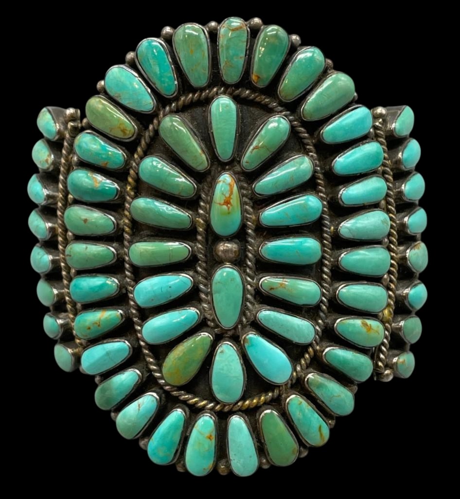 Vintage Sterling Silver And Turquoise Cluster Bracelet: Presented here for your bidding pleasure is a vintage sterling silver and turquoise cluster bracelet. This classic bracelet features a central setting and two side settings each highlighted with clust