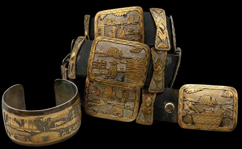 Storyteller Sterling Silver And Gold Filled Concho Belt With Bracelet: Offered here for your consideration is a storyteller sterling silver and gold filled concho belt with bracelet. Both pieces feature gold filled overlay storyteller designs on textured silver backgroun