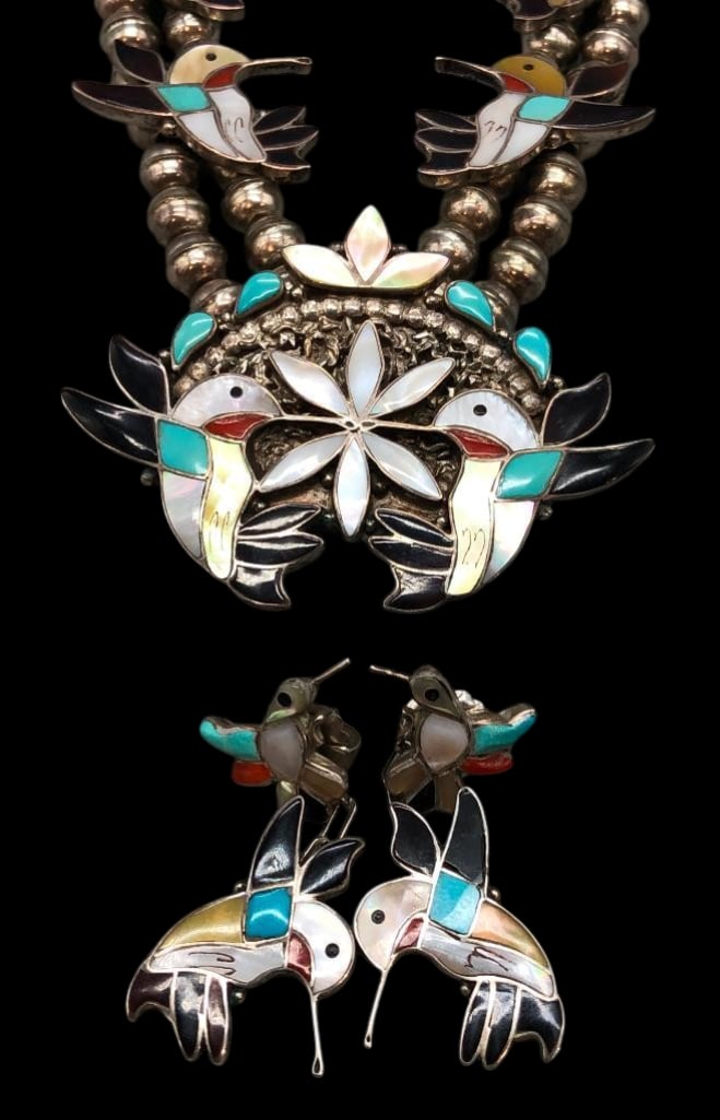 Vintage Zuni Hummingbird Necklace Set: Offered here for your consideration is a vintage Zuni hummingbird necklace set. The necklace features a central pendant highlighted with a Hummingbird themed channel inlay of turquoise, shell, mother