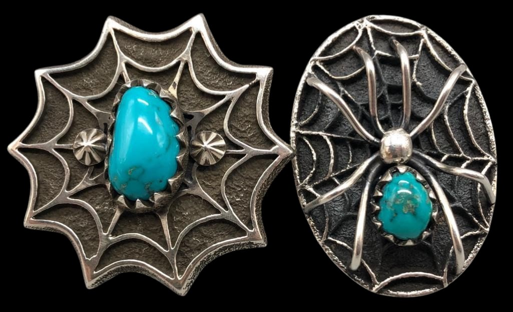 Group Of Two Philander Begay Sterling Silver And Turquoise Spider Web Themed Rings: Offered here for your consideration is a group of two Philander Begay sterling silver and turquoise spider web themed rings. Both pieces feature turquoise cabochons set in sawtooth silver bezels accen