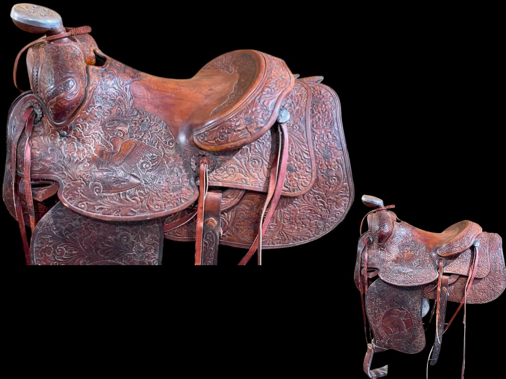 Hollywood Saddlery Saddle With Bucking Horse And Eagle Theme: Offered here for your consideration is a Hollywood Saddlery saddle with a bucking horse and eagle theme. This piece features floral tooled leather patterns throughout with three silver and three leath