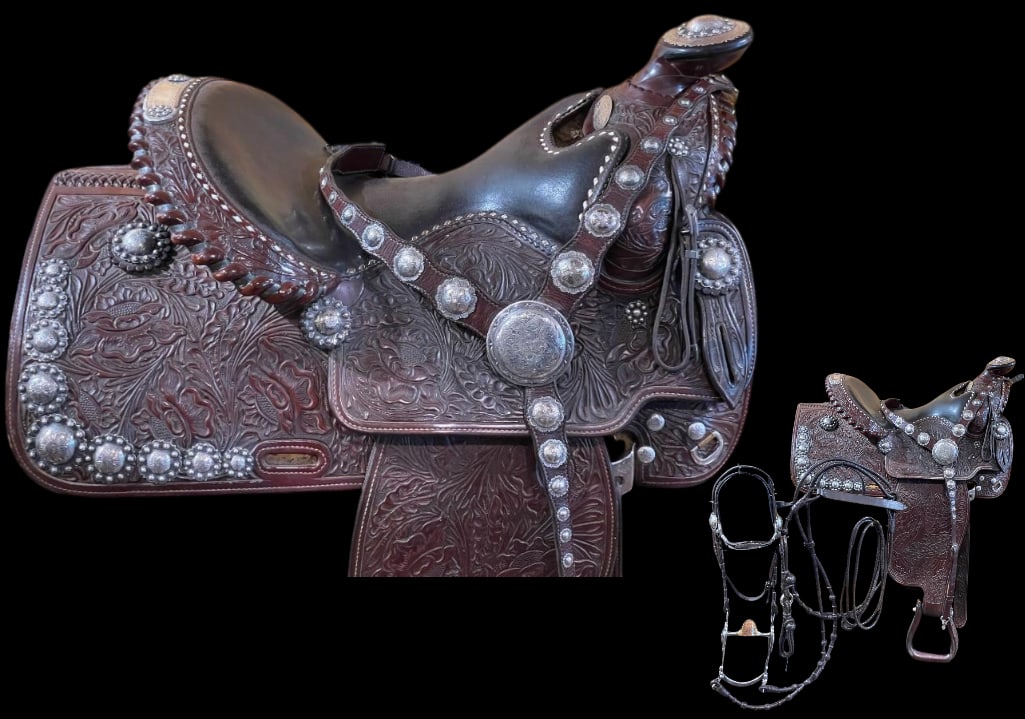 Victor Show Saddle With Breast Collar, Headstall, Etc.: Offered here for your consideration is a Victor show saddle with breast collar, headstall, etc. This Clyde Kennedy equitation show saddle features floral tooled leather designs and silver conchos thro